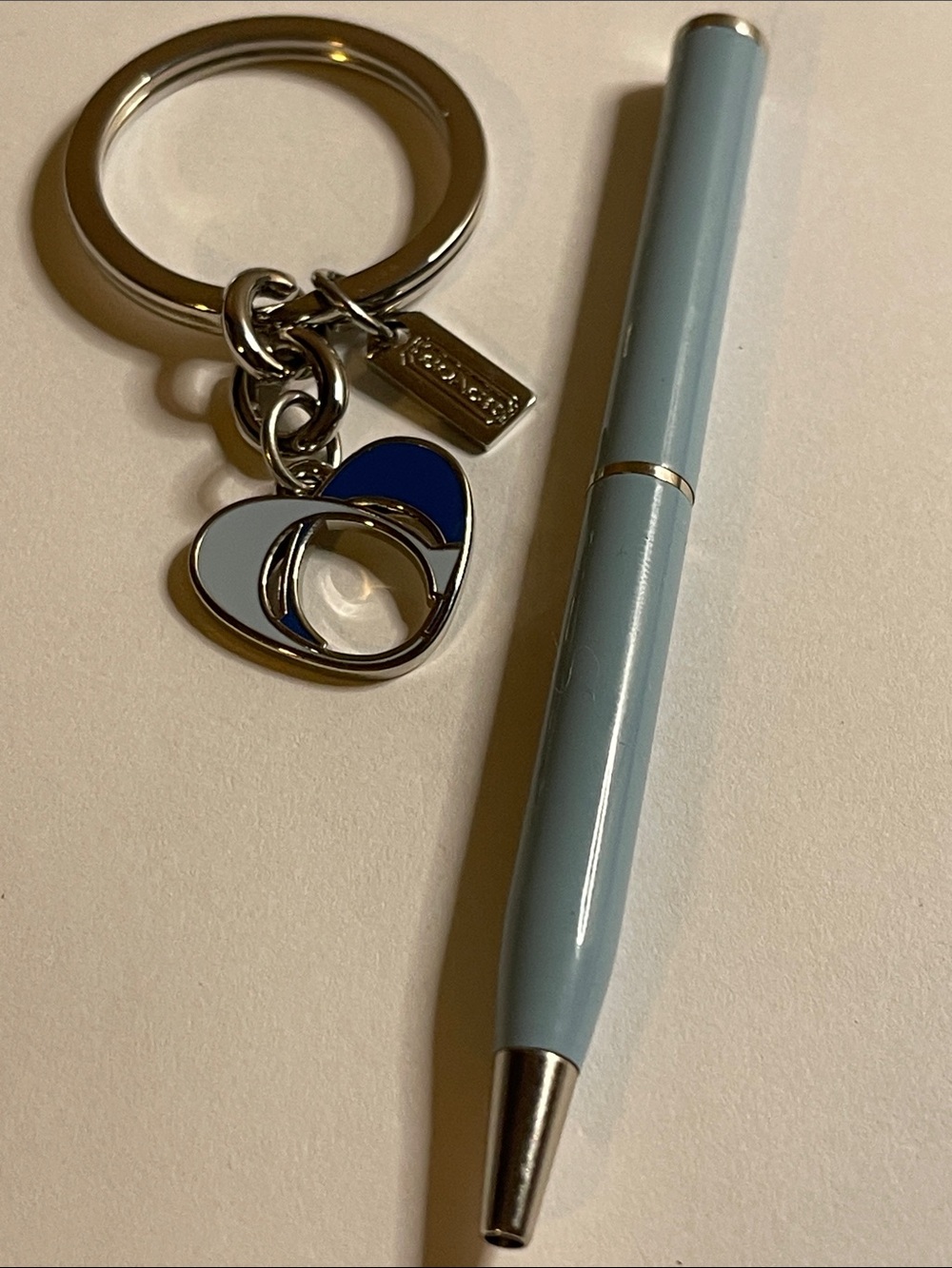 Coach Silver-Tone Heart Keyring with Navy and Light Blue Enamel & Pale Blue Pen